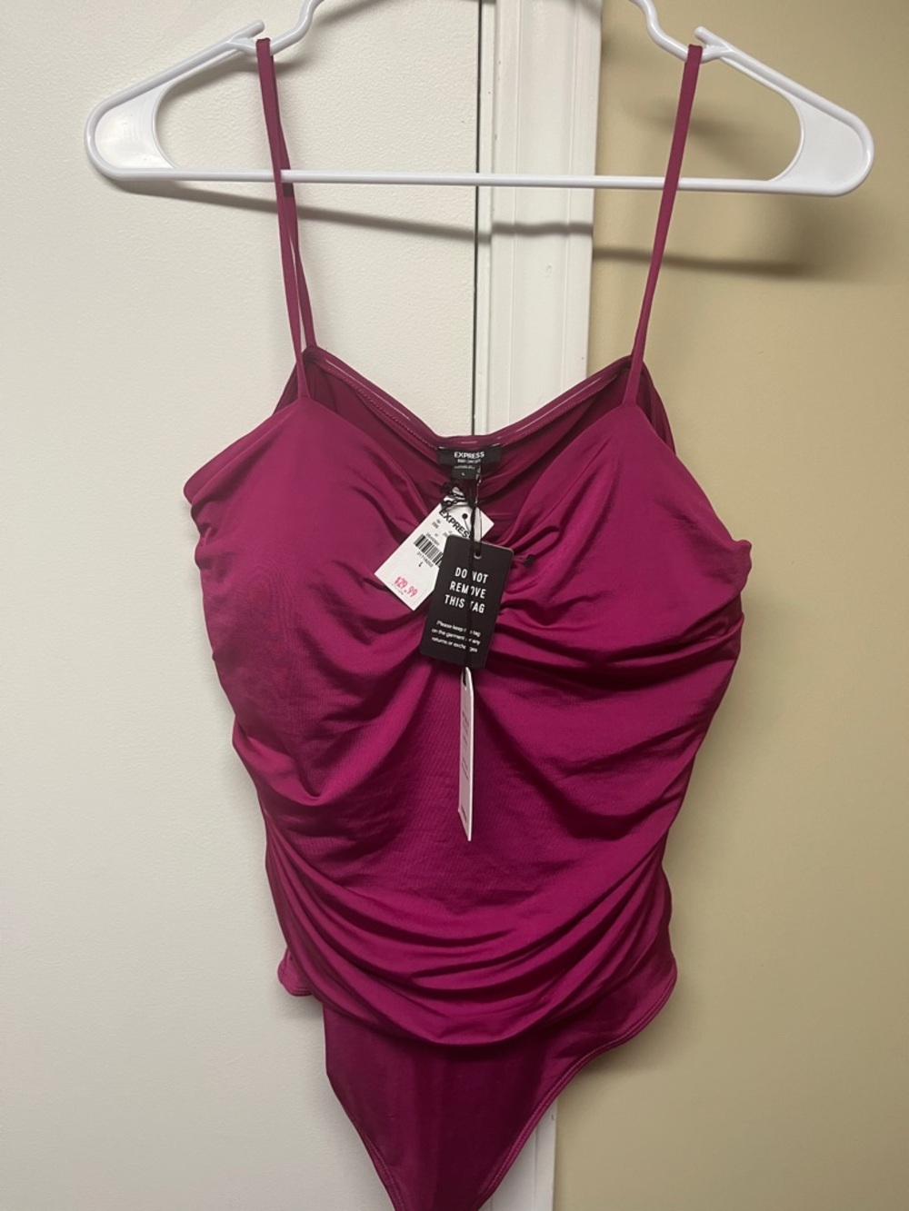 Express Magenta Ruched Spaghetti-Strap Bodysuit